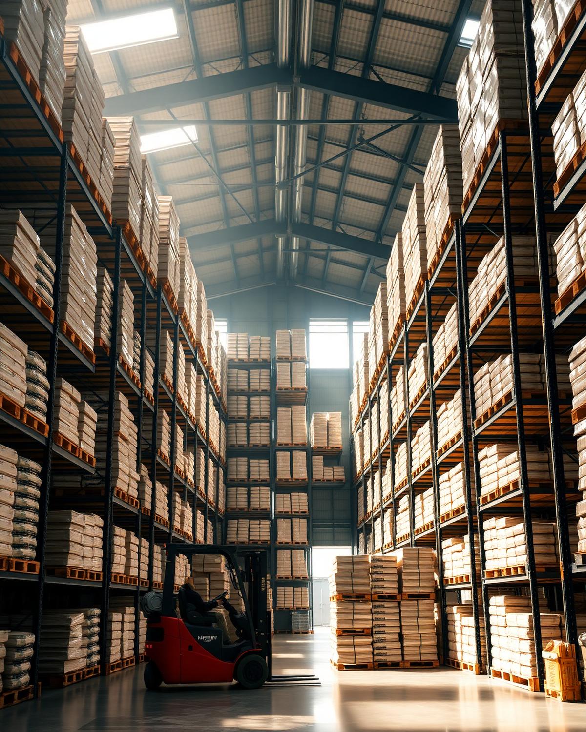 Pallets de produtos da linha seca armazenados em prateleiras altas