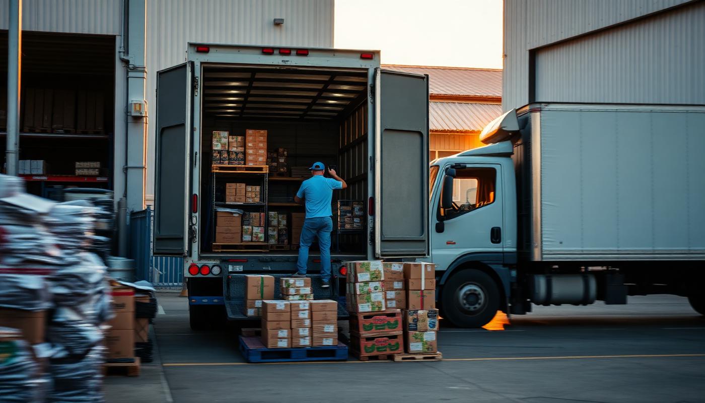 Equipe carregando caixas de produtos alimentícios em caminhão na doca
