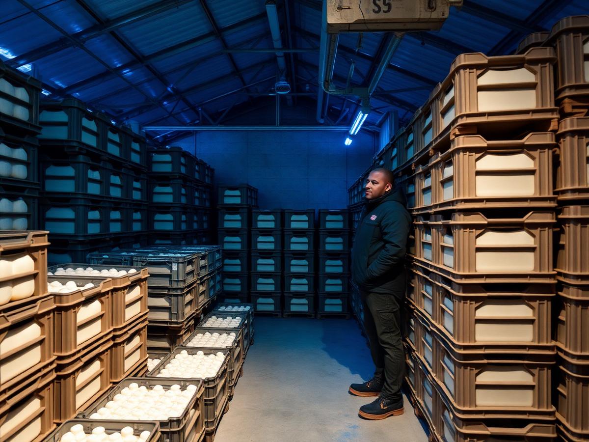 Câmara refrigerada com caixas de laticínios organizadas